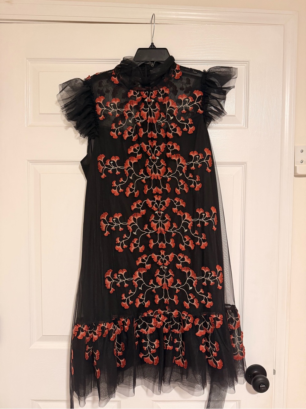 Black Formal Lace Dress with Red Floral Embroidery